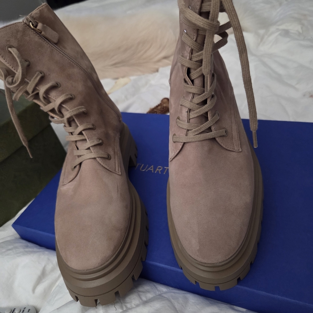 Stuart Weitzman Beige Lace-Up Combat Boots